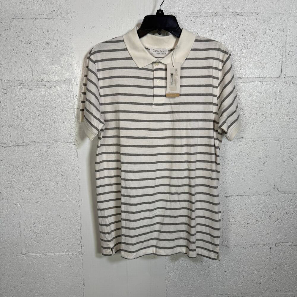 Cotton & Co Short sleeve Cotton Jersey Polo, Ivory/grey heather Stripe Small $76